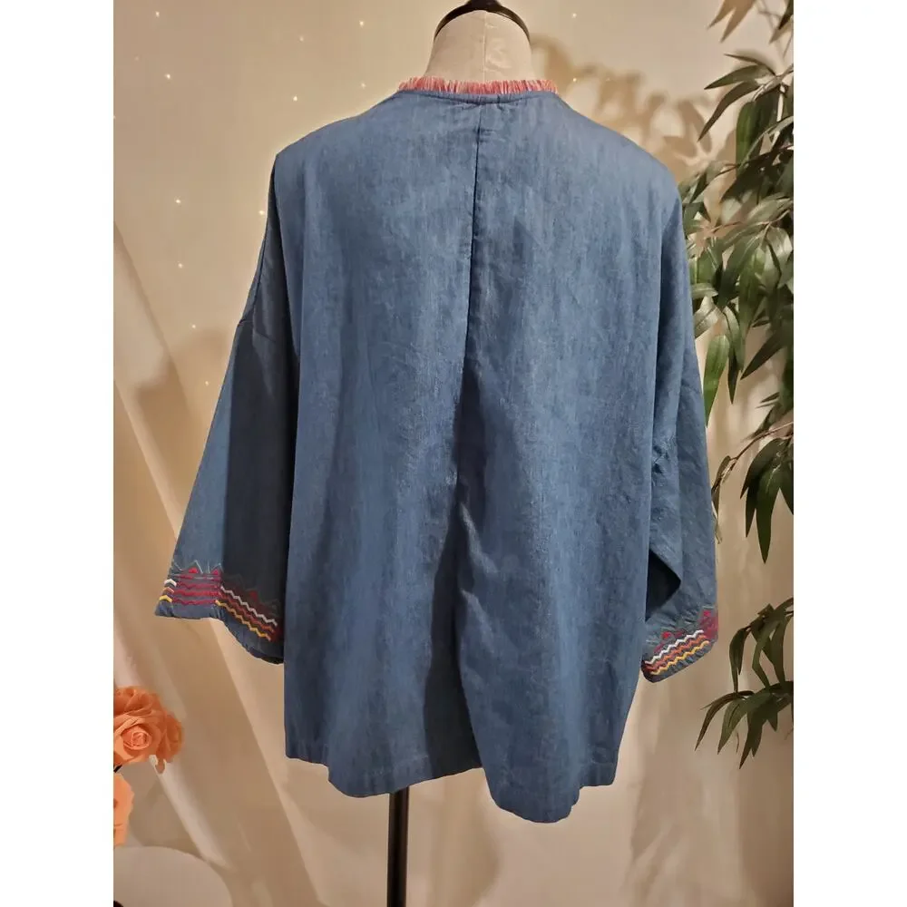 Falls Creek Chambray Denim Embroidered Southwestern Open Cardigan Size 1X Boho